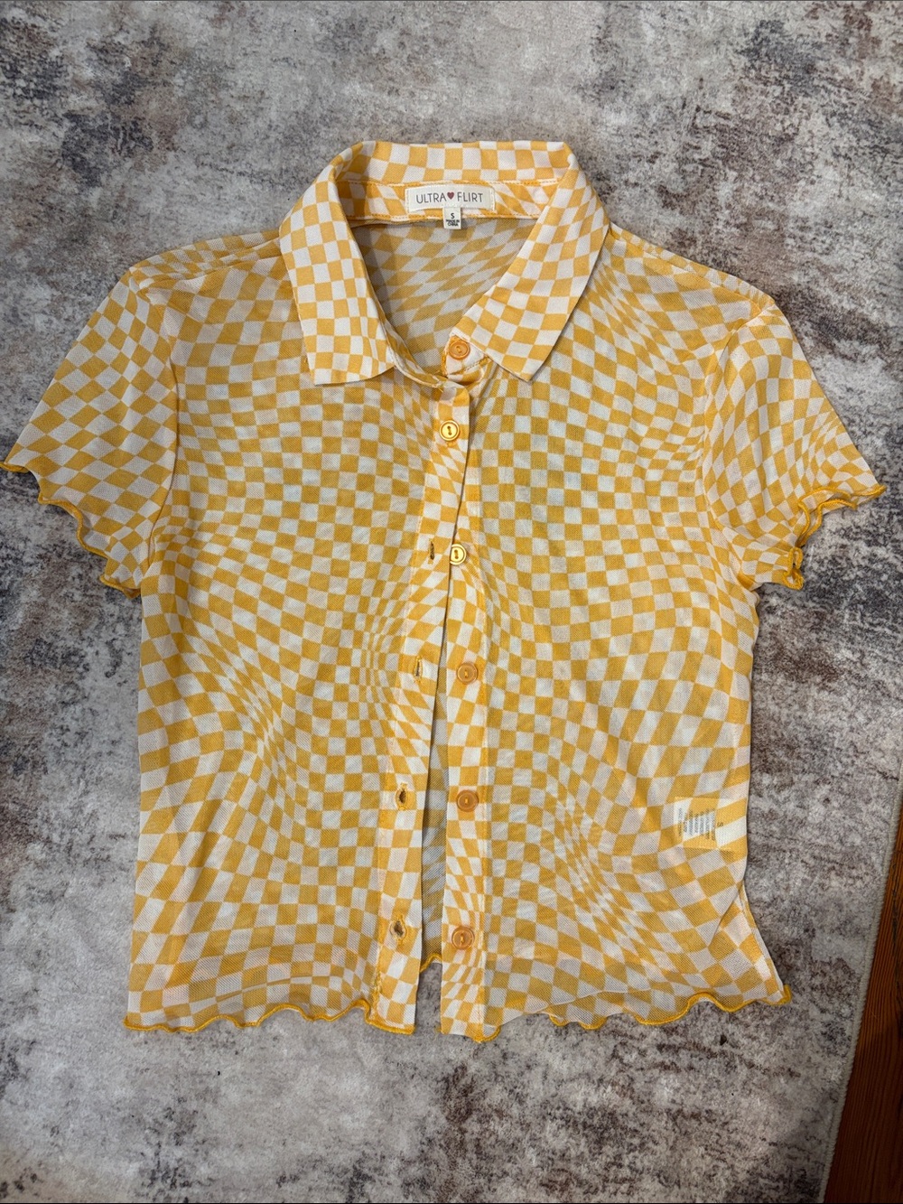 Ultra Flirt Yellow and White Checkered Short Sleeve Button-Front Top